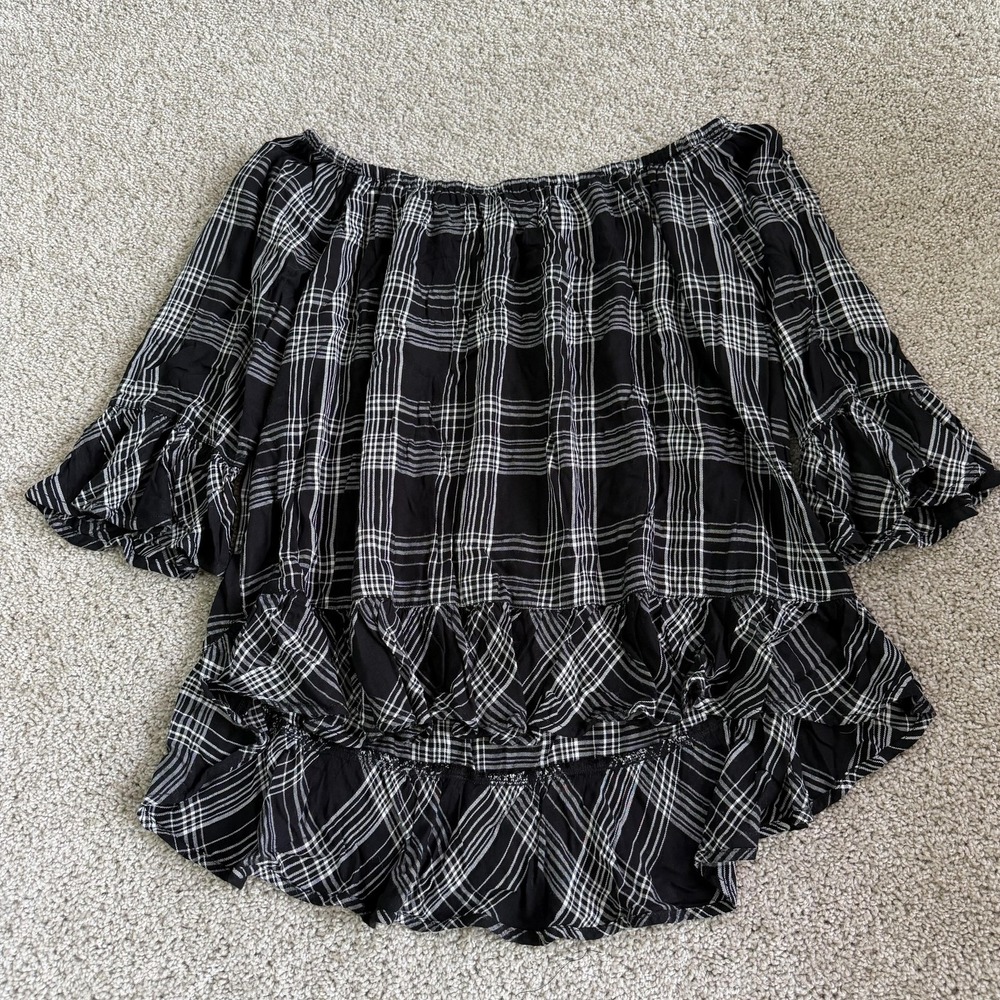 Beachlunchlounge Blouse Womens XL Black Plaid Off Shoulder Ruffle Tunic Top